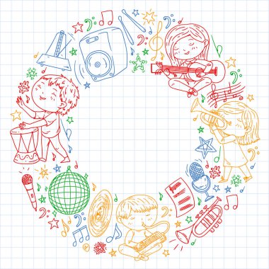 Çocuklar müzik çalın. Müzik eğitimi, tiyatro, okul.