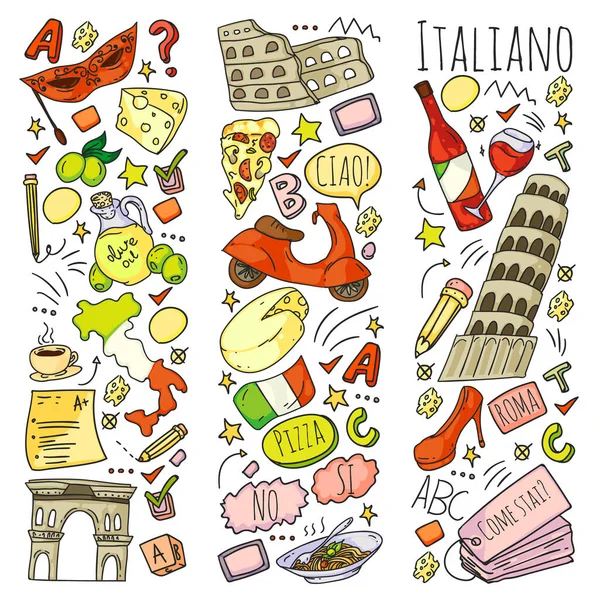 Italian language learning. Vector pattern with icons and national symbols of Italy. — Stock Vector