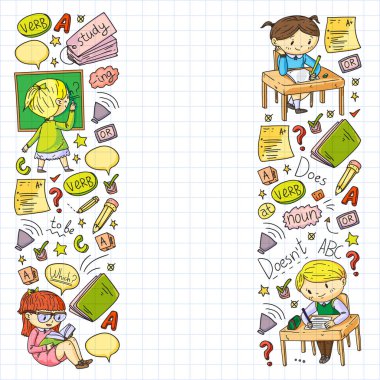 Çocuklar için İngilizce okulu. Dil öğren. Eğitim vektörü illüstrasyonu. Çocuklar karalama tarzı resim çiziyor.