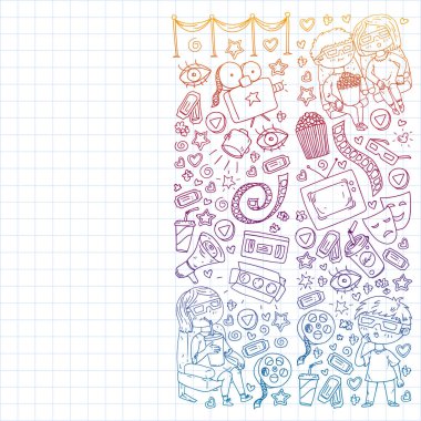 Ambalaj kağıdı, posterler, afişler, broşürler için vektör simgeleri ile Sinema deseni. 3d film, tv, müzikal.