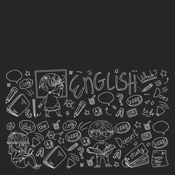 Engelska skolan för barn. Lär dig språk. Utbildning vektor illustration. Barn ritar klotter stil bild. — Stock vektor