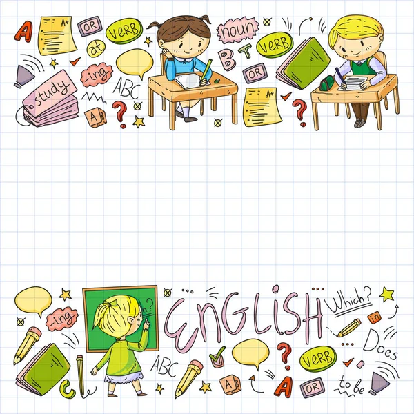 Escuela de inglés para niños. Aprende el idioma. Ilustración del vector educativo. Niños dibujo doodle estilo imagen . — Archivo Imágenes Vectoriales