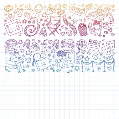 Ambalaj kağıdı, posterler, afişler, broşürler için vektör simgeleri ile Sinema deseni. 3d film, tv, müzikal.