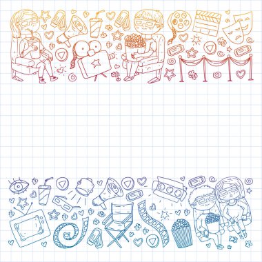 Ambalaj kağıdı, posterler, afişler, broşürler için vektör simgeleri ile Sinema deseni. 3d film, tv, müzikal.