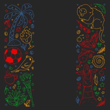 Palmiyeli, plajlı, havai fişekli Brezilya vektör deseni. Brezilya posterler ve afişler için simgeler.