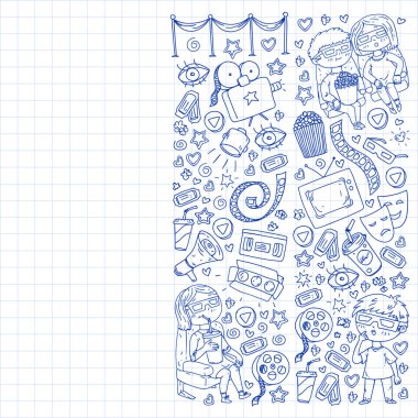 Ambalaj kağıdı, posterler, afişler, broşürler için vektör simgeleri ile Sinema deseni. 3d film, tv, müzikal.