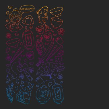 Japonya. Japon geleneksel öğeleri ile vektör desen. Fuji Dağı, sacura çiçekler, origami.