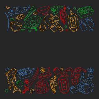 Japonya. Japon geleneksel öğeleri ile vektör desen. Fuji Dağı, sacura çiçekler, origami.