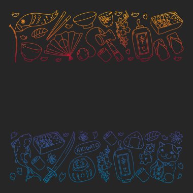 Japonya. Japon geleneksel öğeleri ile vektör desen. Fuji Dağı, sacura çiçekler, origami.