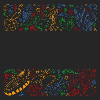 Palmiyeli, plajlı, havai fişekli Brezilya vektör deseni. Brezilya posterler ve afişler için simgeler.