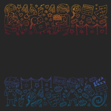 Ambalaj kağıdı, posterler, afişler, broşürler için vektör simgeleri ile Sinema deseni. 3d film, tv, müzikal.