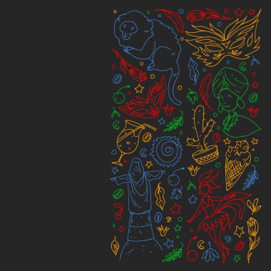 Palmiyeli, plajlı, havai fişekli Brezilya vektör deseni. Brezilya posterler ve afişler için simgeler.