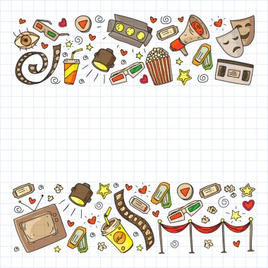 Ambalaj kağıdı, posterler, afişler, broşürler için vektör simgeleri ile Sinema deseni. 3d film, tv, müzikal.