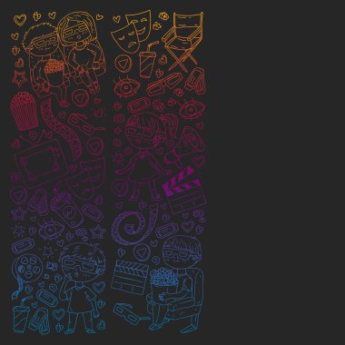 Ambalaj kağıdı, posterler, afişler, broşürler için vektör simgeleri ile Sinema deseni. 3d film, tv, müzikal.