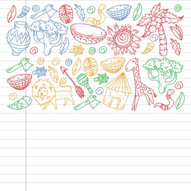 Afiş ve posterler için Vektör afrika kabile desen. Hayvanların simgeleri ve çocuklar için geleneksel unsurlar kumaş, giysi, tekstil. Seyahat ve macera