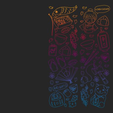 Japonya. Japon geleneksel öğeleri ile vektör desen. Fuji Dağı, sacura çiçekler, origami.