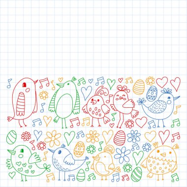 Desen çocuk kumaş, tekstil, kreş duvar kağıdı. Vektör Illustration. Küçük çocuklar için el çizilmiş şarkı kuşlar ve çiçekler.