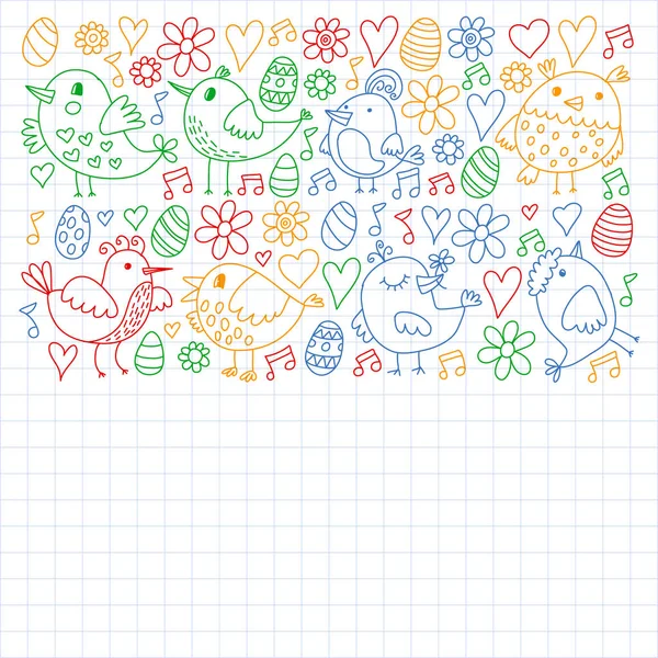 Patrón de tela para niños, textil, papel pintado de vivero. Ilustración vectorial. Pájaros cantores y flores dibujados a mano para niños pequeños . — Vector de stock