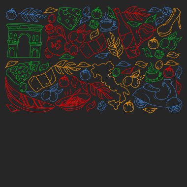 İtalya. Restoran, kafe ve arka planlar için bir takım ikonlar. Kolezyum, Roma, Pisa, Venedik. Peynir ve Pizza..