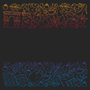 İtalya. Restoran, kafe ve arka planlar için bir takım ikonlar. Kolezyum, Roma, Pisa, Venedik. Peynir ve Pizza..