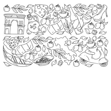 İtalya. Restoran, kafe ve arka planlar için bir takım ikonlar. Kolezyum, Roma, Pisa, Venedik. Peynir ve Pizza..