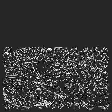 İtalya. Restoran, kafe ve arka planlar için bir takım ikonlar. Kolezyum, Roma, Pisa, Venedik. Peynir ve Pizza..