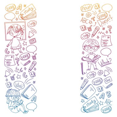 Çocuklar için İngilizce okulu. Dil öğren. Eğitim vektörü illüstrasyonu. Çocuklar karalama tarzı resim çiziyor.