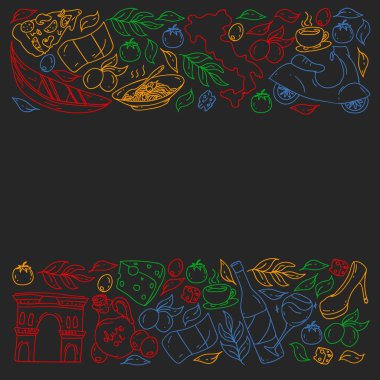 İtalya. Restoran, kafe ve arka planlar için bir takım ikonlar. Kolezyum, Roma, Pisa, Venedik. Peynir ve Pizza..