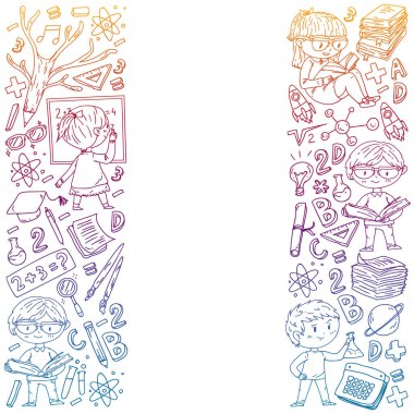 Okula geri dön. Vektör simgeleri ve küçük çocuklar için öğeleri, kolej, online kurslar. Doodle tarzı, çocuk çizim