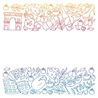 İtalya. Restoran, kafe ve arka planlar için bir takım ikonlar. Kolezyum, Roma, Pisa, Venedik. Peynir ve Pizza..