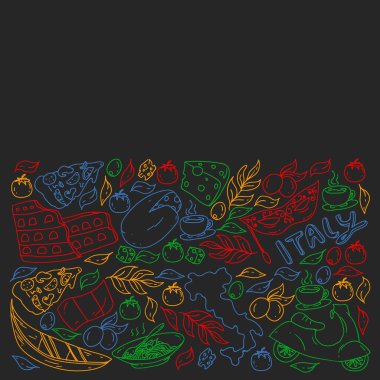 İtalya. Restoran, kafe ve arka planlar için bir takım ikonlar. Kolezyum, Roma, Pisa, Venedik. Peynir ve Pizza..