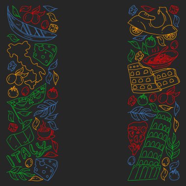 İtalya. Restoran, kafe ve arka planlar için bir takım ikonlar. Kolezyum, Roma, Pisa, Venedik. Peynir ve Pizza..