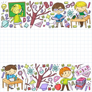 Okula geri dön. Vektör simgeleri ve küçük çocuklar için öğeleri, kolej, online kurslar. Doodle tarzı, çocuk çizim