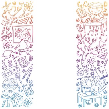 Okula geri dön. Vektör simgeleri ve küçük çocuklar için öğeleri, kolej, online kurslar. Doodle tarzı, çocuk çizim