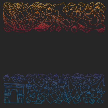 İtalya. Restoran, kafe ve arka planlar için bir takım ikonlar. Kolezyum, Roma, Pisa, Venedik. Peynir ve Pizza..