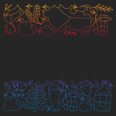 Çek Cumhuriyeti sembollü vektör deseni. Turizm ikonları ve peyzaj elementleriyle kurulmuş. Ülkeye seyahat. Şehir, katedral, bina, Avrupa mimarisi. Tarihi işaretli illüstrasyon