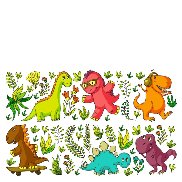 Wzór dzieci tkaniny, tekstylia, przedszkole tapety. Ilustracja wektorowa. Dinozaury ręcznie rysowane, Dino dla małych dzieci. — Wektor stockowy