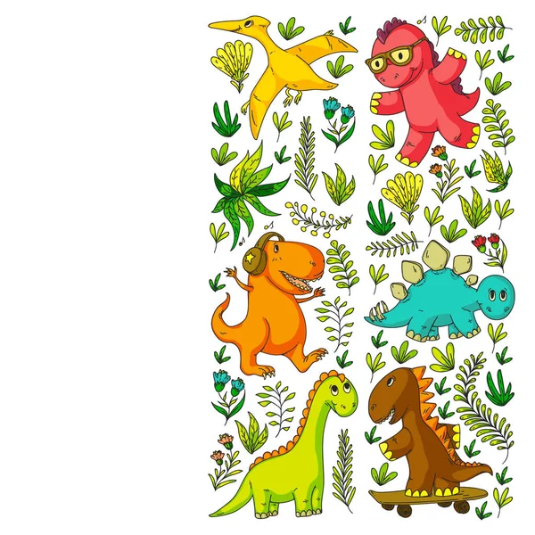 Mönster barn tyg, textil, plantskola tapet. Vektor illustration. Handritade dinosaurier, Dino för små barn. — Stock vektor