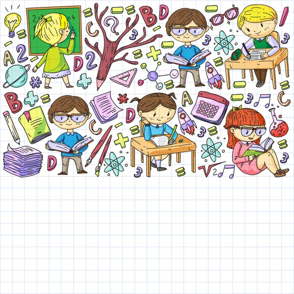 De volta à escola. Ícones vetoriais e elementos para crianças pequenas, faculdade, cursos on-line. Doodle estilo, crianças desenho —  Vetores de Stock