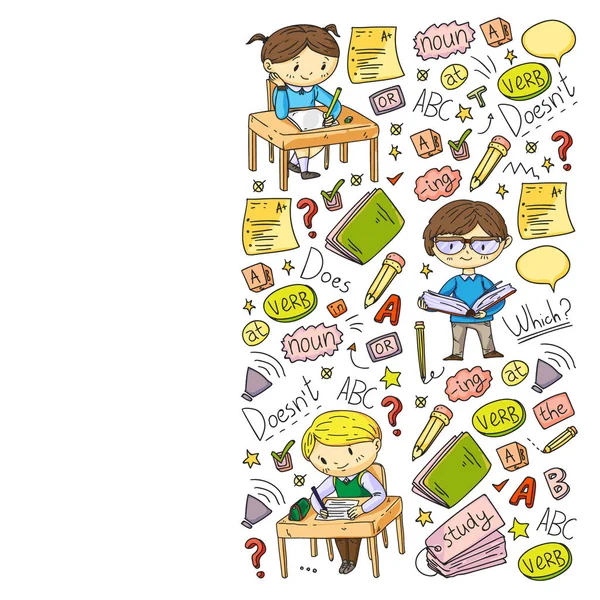 Escuela de inglés para niños. Aprende el idioma. Ilustración del vector educativo. Niños dibujo doodle estilo imagen . — Vector de stock