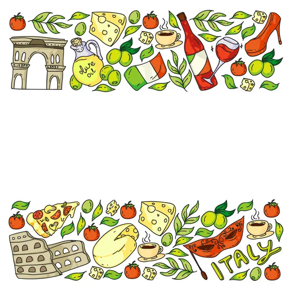 De Italia. Conjunto vectorial de iconos para restaurante, cafetería, fondos. Coliseo, Roma, Pisa, Venecia. Queso y Pizza . — Vector de stock