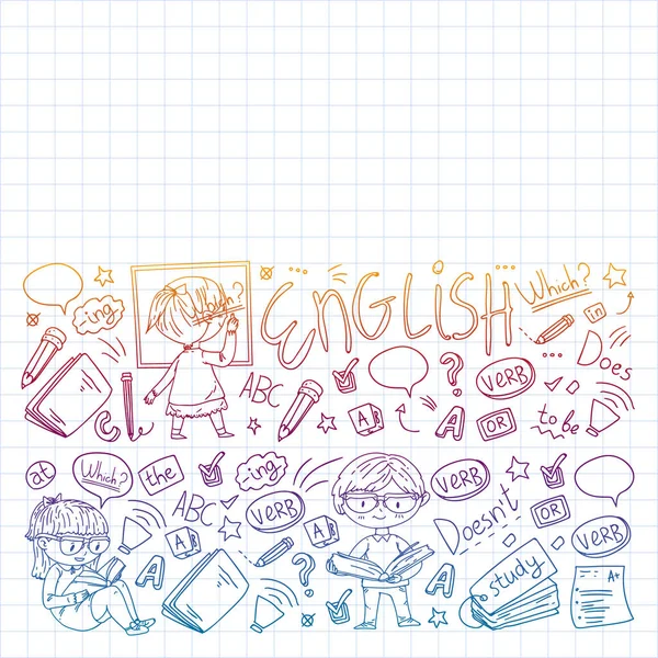 Αγγλικό σχολείο για παιδιά. Μάθε τη γλώσσα. Εκπαίδευση διανυσματική απεικόνιση. Παιδιά που σχεδιάζουν εικόνα στυλ doodle. — Διανυσματικό Αρχείο
