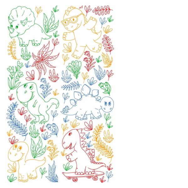Patrón de tela para niños, textil, papel pintado de vivero. Ilustración vectorial. Dinosaurios dibujados a mano, dino para niños pequeños . — Archivo Imágenes Vectoriales