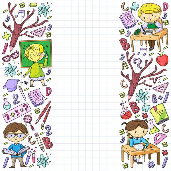 Tillbaka till skolan. Vektor ikoner och element för små barn, College, online-kurser. Doodle stil, barn ritning — Stock vektor