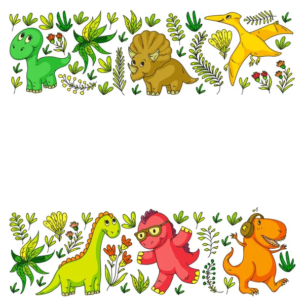 Patrón de tela para niños, textil, papel pintado de vivero. Ilustración vectorial. Dinosaurios dibujados a mano, dino para niños pequeños . — Archivo Imágenes Vectoriales