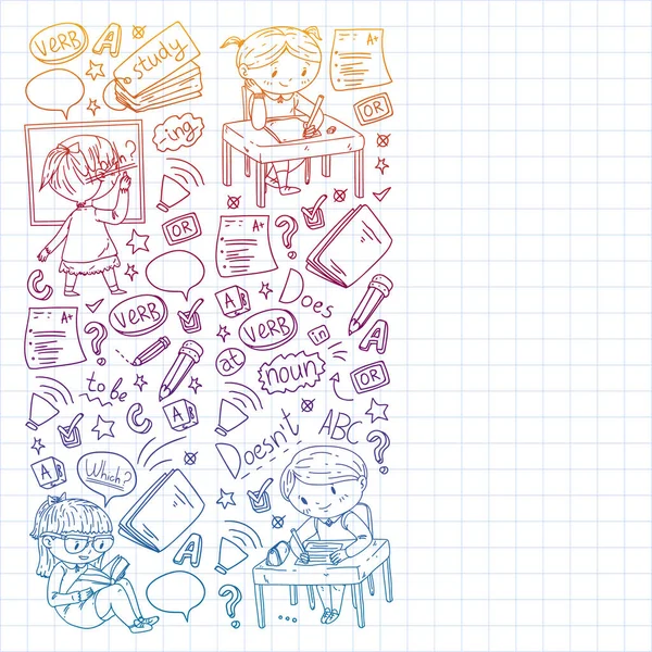 Escola de inglês para crianças. Aprenda linguagem. Ilustração vetorial educação. Crianças desenho imagem estilo doodle . — Vetor de Stock
