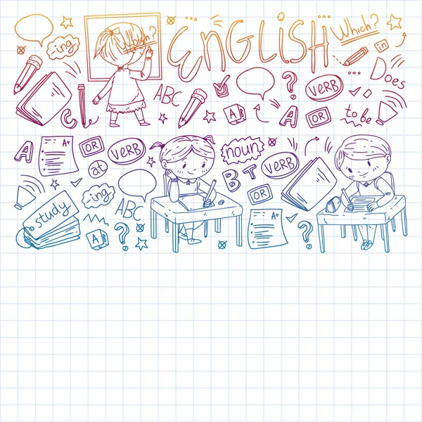 École d'anglais pour enfants. Apprenez la langue. Illustration vectorielle de l'éducation. Enfants dessin image de style doodle . — Image vectorielle