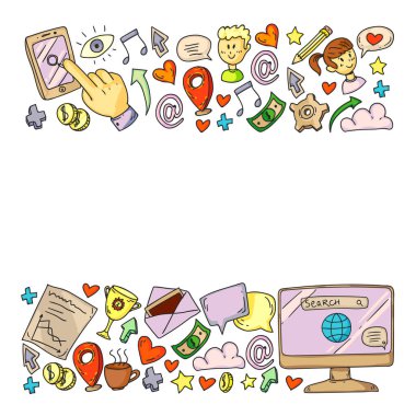 Dijital pazarlama, sosyal medya, iletişim, yönetim. Arka plan afiş için.