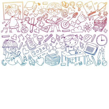 Okula geri dön. Kitap, eğitim unsuru ve küçük öğrencilerle desen. Çocuklar, matematik öğrenen çocuklar, coğrafya, geometri, fizik, kimya