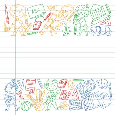 Sevimli okul çocukları. Hayal gücü ve yaratıcılık. Çal ve öğren, şarkı söyle, dans et, oku, çizim yap.